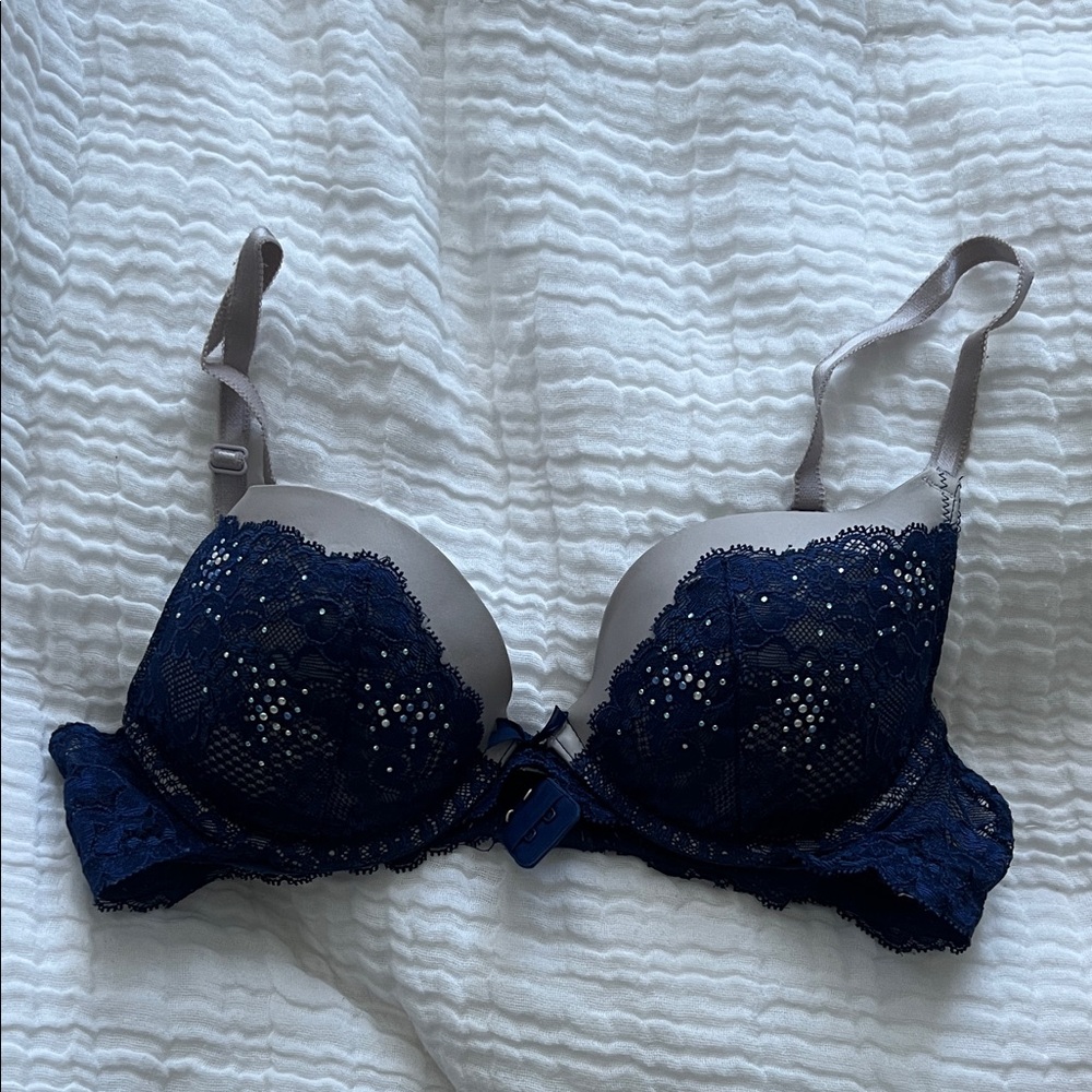 Victoria’s Secret Fantasy Rhinestone Navy Lace Push-Up Bra
